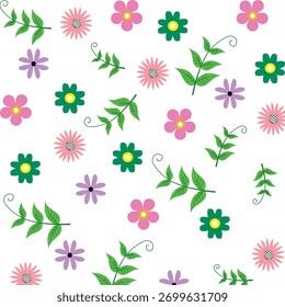Padrão floral contínuo com várias flores coloridas e folhas em um fundo branco.