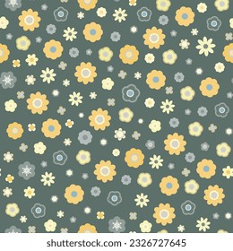 A seamless floral pattern, various cute daisies on a pastel green background, a bloomy pattern in yellow and green, 60s hippy style background