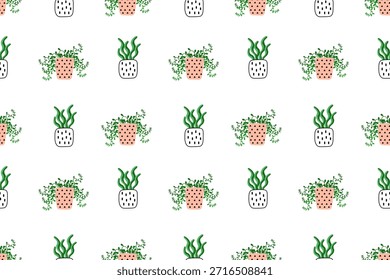 Seamless floral pattern. Various flower pots with houseplants. Pink, black and green color. For background, packaging, textiles, wallpapers or websites. Flat cartoon design.