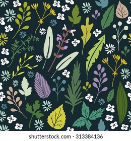 Patrón floral sin fisuras con diversas hierbas, hojas y flores, diseño plano, ilustración vectorial
