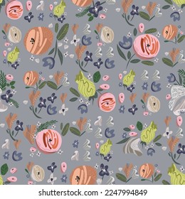 Seamless floral pattern. Vector abstact flowers on grey background. Illustration with roses
