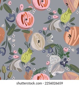Seamless floral pattern. Vector abstact flowers on grey background. Illustration with roses