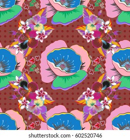 Seamless floral pattern. Vector abstract floral background. Seamless pattern with many small green, violet and pink flowers.