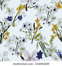 Seamless floral pattern. Vector ahand drawn flowers and leaves. Botanical sketchy illustration