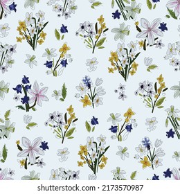 Seamless floral pattern. Vector ahand drawn flowers and leaves. Botanical sketchy illustration