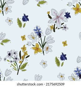 Seamless floral pattern. Vector ahand drawn flowers and leaves. Botanical sketchy illustration