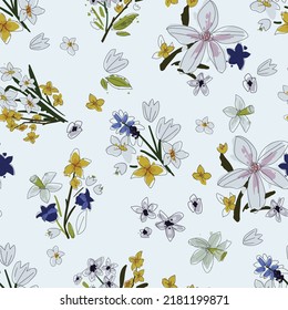 Seamless floral pattern. Vector ahand drawn flowers and leaves. Botanical sketchy illustration