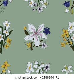 Seamless floral pattern. Vector ahand drawn flowers and leaves. Botanical sketchy illustration