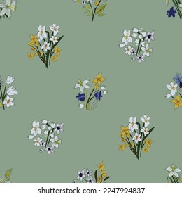 Seamless floral pattern. Vector ahand drawn flowers and leaves. Botanical sketchy illustration