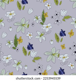 Seamless floral pattern. Vector ahand drawn flowers and leaves. Botanical sketchy illustration