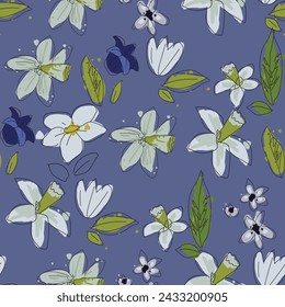 Seamless floral pattern. Vector ahand drawn flowers and leaves. Botanical sketchy illustration