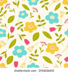 Seamless floral pattern. Vector seamless background with flowers, branches, berries. Pattern for packaging, textiles, stationery, postcards, posters.