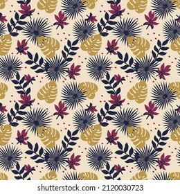 Seamless floral pattern, vector seamless background with summer exotic leaves. Organic flat style vector illustration.