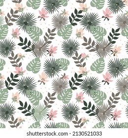 Seamless floral pattern, vector seamless background with summer exotic leaves. Organic flat style vector illustration.