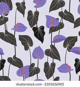 Seamless floral pattern. Vector background with Anthurium flowers and leaves