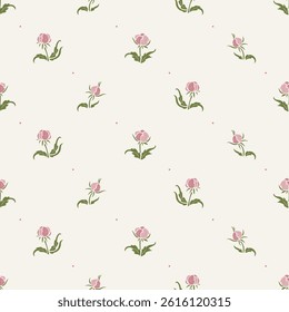 Seamless Floral Pattern Vector. Background with Pink Beautiful Flowers, Green Leaves. Ditsy Floral Print for Spring and Summer Nature Vintage Wallpaper