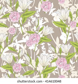 seamless floral pattern vector background with lilly flowers and roses