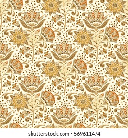 Seamless floral pattern. Vector background with bouquets of flowers and leaves. May be use as digital paper, fills, print off onto fabric, wallpaper, etc.