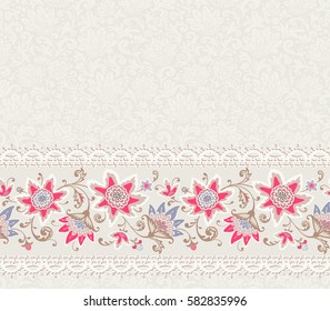 Seamless floral pattern. Vector background with flowers, leaves and laces. Horizontal border, greeting card.