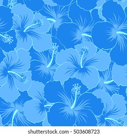 Seamless floral pattern. Vector seamless pattern with blue hibiscus. Floral background in blue colors. Seamless flower pattern.