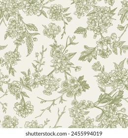 Seamless floral pattern. Vector botanical background. Tree branches with flowers. Green