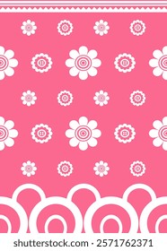 Seamless floral pattern vector design featuring playful white daisy-like flowers with concentric details on a vibrant pink background. Accentuated with decorative geometric borders and abstract curved