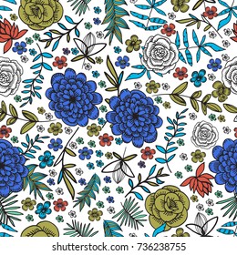 Seamless floral pattern, vector design, endless doodles white background