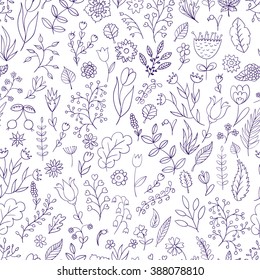 Seamless floral pattern. Vector drawing. Spring illustration of flowers, leaves and branches in doodle style