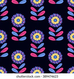 Seamless floral pattern. Vector drawing in pink and blue tones. Spring illustration of flowers, leaves and branches in doodle style