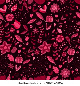 Seamless floral pattern. Vector drawing in pink tones. Spring illustration of flowers, leaves and branches in doodle style