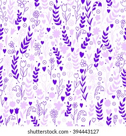 Seamless floral pattern. Vector drawing in purple tones. Spring illustration of flowers, leaves and branches in doodle style