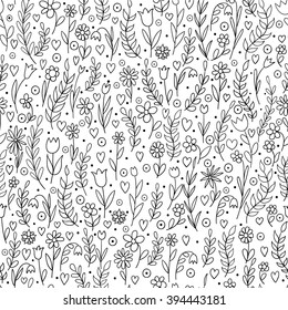 Seamless floral pattern. Vector drawing in black and white. Illustration of flowers, bugs, butterflies, leaves and branches. Page in coloring.
