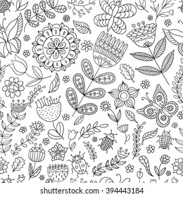 Seamless floral pattern. Vector drawing in black and white. Illustration of flowers, bugs, butterflies, leaves and branches. Page in coloring.