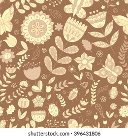 Seamless floral pattern. Vector drawing. Spring illustration of flowers, leaves and branches in doodle style