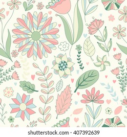 Seamless floral pattern. Vector drawing in pink, blue and green tones. Spring illustration of flowers, leaves and branches in doodle style