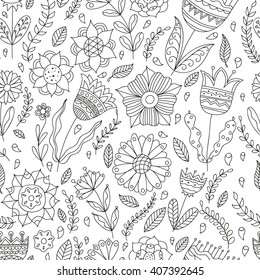 Seamless floral pattern. Vector drawing in black and white. Illustration of flowers, bugs, butterflies, leaves and branches. Page in coloring.