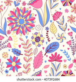 Seamless floral pattern. Seamless floral pattern. Vector drawing in pink, blue and green tones. Spring illustration of flowers, leaves and branches in doodle style