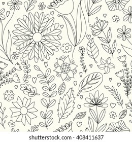 Seamless floral pattern. Vector drawing in black and white. Illustration of flowers, bugs, butterflies, leaves and branches. Coloring book page.