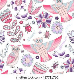 Seamless floral pattern. Vector drawing in pink, blue and purple tones. Spring illustration of flowers, leaves, branches, birds and bugs in doodle style