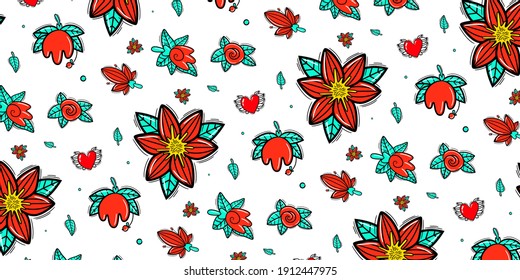Nahtlose Blumenmuster in Vektorgrafik. Gartenblume, Pflanzen, botanisches, nahtloses Muster, Vektordesign für Mode, Stoff, Tapeten und alle Drucke auf grünem, minzem Hintergrund. Cute-Muster