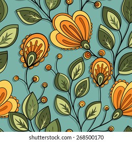 Seamless Floral Pattern (Vector). Hand Drawn Floral Texture, Decorative Flowers, Coloring Book