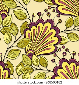 Seamless Floral Pattern (Vector). Hand Drawn Floral Texture, Decorative Flowers, Coloring Book