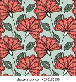 Seamless Floral Pattern (Vector). Hand Drawn Floral Texture, Decorative Flowers, Coloring Book