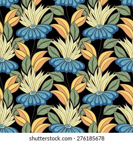 Seamless Floral Pattern (Vector). Hand Drawn Floral Texture, Decorative Flowers, Coloring Book