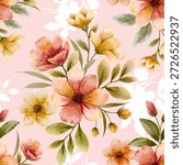 Seamless floral pattern vector illustration featuring pink spring blossom flowers and green leaves with butterflies in a vintage nature wallpaper design