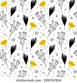 Seamless floral pattern, vector illustration, cute tiny flowers and leaves on white background