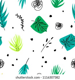 Seamless floral pattern, vector illustration, cute cartoon leaves on white background