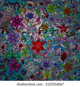 Seamless Floral Pattern in Vector illustration. Flowers on blue, black and violet colors in watercolor style.