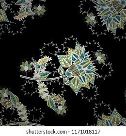 Seamless Floral Pattern in Vector illustration. Flowers on black, white and green colors.