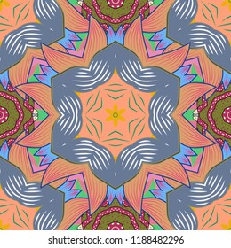 Seamless Floral Pattern in Vector illustration. Flowers on blue, beige and orange colors.